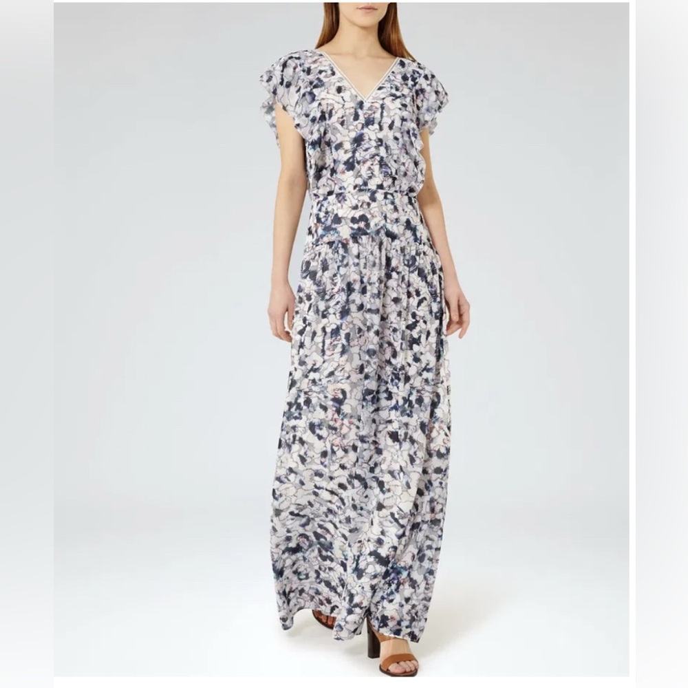 REISS - NWOT women’s Eli watercolor Printed white grey short sleeve Maxi Dress 2